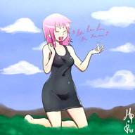 breasts drawing gentle giantess clothed handheld pink_hair singing dress
