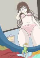 drawing long_hair brunette underwear walking shrunken_man looking_down indoors to_love-ru_trouble