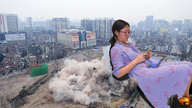 giantess collage city destruction glasses butt_crush asian dress sitting explosion looking_down outdoors