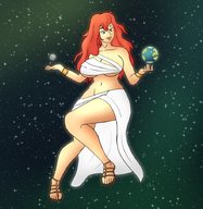 breasts drawing giantess earth giga space color long_hair planet skirt huge_breasts goddess moon red_hair sandals skimpy_clothing cosmic_giantess