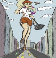 drawing giantess city blonde destruction clothed helicopter green_eyes thighs pizza vehicle_crush delivery