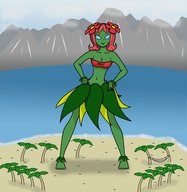 giantess pokemon barefoot skirt island tree pink_hair short_hair ankle_bracelet green_skin tubetop hammock bellossom no_pupils