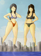 bikini drawing giantess city mega black_hair large_breasts long_hair cleavage looking_down giantesses outdoors colonel-gabbo