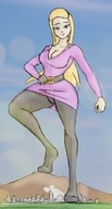 drawing city upskirt blonde large_breasts long_hair cleavage skirt nylons looking_down outdoors belt colonel-gabbo