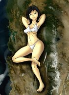 drawing giantess giga black_hair long_hair barefoot lying_down skimpy_clothing colonel-gabbo arms_behind_head bare_midriff