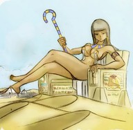 drawing giantess mega black_hair long_hair barefoot desert pyramid goddess egypt sitting queen looking_down dark_skin outdoors throne skimpy_clothing cane colonel-gabbo scepter