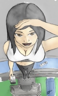 drawing growth city black_hair large_breasts long_hair handheld cleavage high_angle phone outdoors eiffel_tower colonel-gabbo