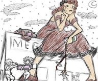 drawing giantess long_hair clothed brunette crying sitting drink coffee outdoors pouring hiar_bow