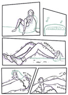 drawing giantess comic monochrome sitting headphones indoors ripped_clothing panels uneven_growth