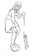 drawing monochrome long_hair skirt reaching teasing looking_down dangle crouching
