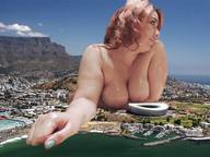 giantess collage mega large_breasts long_hair pink_hair lying_down nail_polish blue_nails