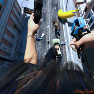 destruction handheld gun sandals walking banana outdoors point_of_view bracelet digital_render giantess_pov