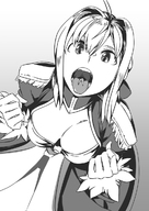 drawing vore blonde monochrome long_hair tongue mouth cleavage shrunken_man open_mouth imminent_vore no_background fate_(series) nero_claudius