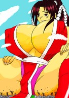 breasts drawing giantess panties long_hair destruction butt_crush anime nipping huge_breasts brunette low_angle nao sitting mai_shiranui purple_panties