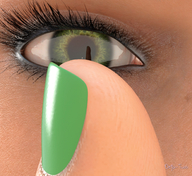 micro shrunken_man nail_polish green_nails on_finger digital_render squinting
