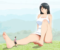 drawing black_hair long_hair toes barefoot soles dress sitting shrunken_man looking_down leaning outdoors bikuta