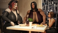 black_hair long_hair glasses huge_breasts mini_giantess muscles glass table eating food dark_skin indoors wine digital_render pale_skin dinner-kun