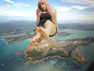 collage city long_hair barefoot island pink_hair shorts looking_down outdoors top