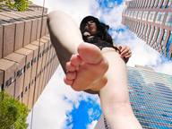 collage city black_hair long_hair barefoot low_angle outdoors skimpy_clothing
