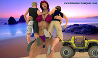 bikini beach red_hair short_hair mini_giantess muscles hugging vehicles lifting outdoors