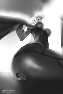 drawing monochrome large_breasts butt_crush samus_aran low_angle ponytail looking_down under_butt resizestuff