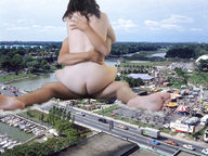 giantess collage city black_hair long_hair giant male sex hugging outdoors crowds
