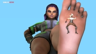clothed toes barefoot soles purple_hair low_angle smiling foot_crush looking_down hands_on_hips no_background digital_render overwatch sombra mercy_(overwatch)