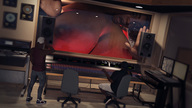 cleavage huge_breasts open_mouth dark_skin indoors cramped digital_render recording_studio