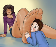drawing black_hair long_hair cleavage glasses pogojo mini_giantess foot_worship sitting looking_down licking_lips emmagear no_background