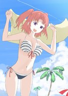 bikini drawing giantess color beach purple_eyes red_hair short_hair twintails looking_down palm_trees piyonaf