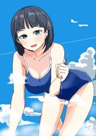drawing giantess mega black_hair color swimsuit destruction blue_eyes handheld short_hair crawling clouds piyonaf