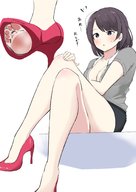 drawing feet blushing black_hair color toes cleavage high_heels shoes in_shoe short_hair black_eyes shrunken_man under_foot piyonaf