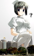 giantess city black_hair park short_hair sitting nurse looking_down outdoors crouching
