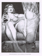 drawing monochrome long_hair toes barefoot soles story foot_worship crawling bottle looking_down drinking top