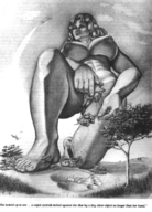 drawing giantess crush nude monochrome large_breasts long_hair story tree foot_print looking_up