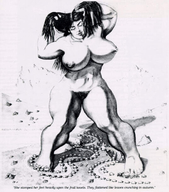 drawing giantess nude monochrome black_hair long_hair barefoot pubic_hair huge_breasts story looking_down houses closed_eyes