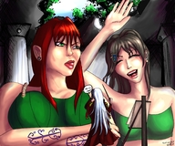 drawing giantess white_hair color brunette smiling red_hair teacher giantesses tattoo ruins tastysnack