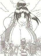 drawing giantess mega monochrome long_hair destruction cleavage anime huge_breasts breast_crush ponytail nao mai_shiranui