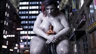 nude city black_hair long_hair huge_breasts mini_giantess sitting looking_down hugging outdoors thick_thighs digital_render pale_skin dinner-kun between_breasts