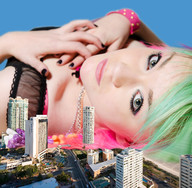 giantess collage city long_hair green_hair lying_down outdoors looking_back