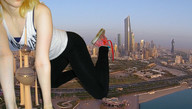 collage city blonde long_hair clothed crawling outdoors