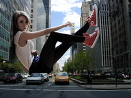 collage city long_hair brunette sitting sneakers outdoors looking_back