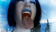vore black_hair tongue short_hair shrunken_woman shrunken_man open_mouth long_tongue closed_eyes imminent_vore digital_render heavy_eyeshadow