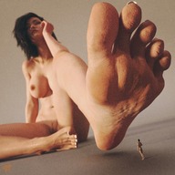 nude long_hair barefoot brunette shrunken_man looking_down under_foot no_background digital_render