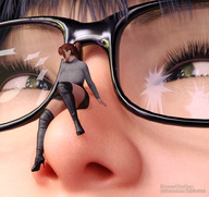 breasts giantess black_hair skirt high_heels brunette ponytail boots point_of_view earrings jetslasher digital_render on_nose lucy-ferryn-dyalvol