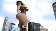 giantess city mega black_hair large_breasts long_hair butt boots looking_down outdoors corset wonder_woman leotard bracelet tiara thick_thighs digital_render circlet