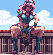 drawing giantess color destruction blue_eyes buildings pink_hair boots sitting mittens bare_midriff gareit0