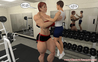 red_hair short_hair mini_giantess muscles shorts weights lifting indoors dialogue sports_bra gym digital_render