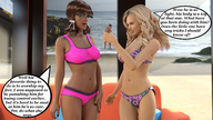 bikini giantess blonde long_hair toes barefoot soles glasses brunette sitting pigtails shrunken_man indoors hair_ribbon dialogue on_table sports_bra digital_render