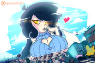 breasts drawing giantess city mega black_hair color destruction rampage breast_crush yellow_eyes lying_down sweater pinup aliessa apeiron-macro